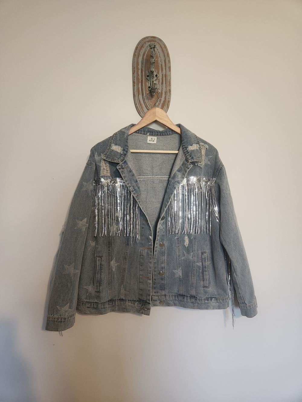 Fringe Star Embellished Light Wash Denim Jacket